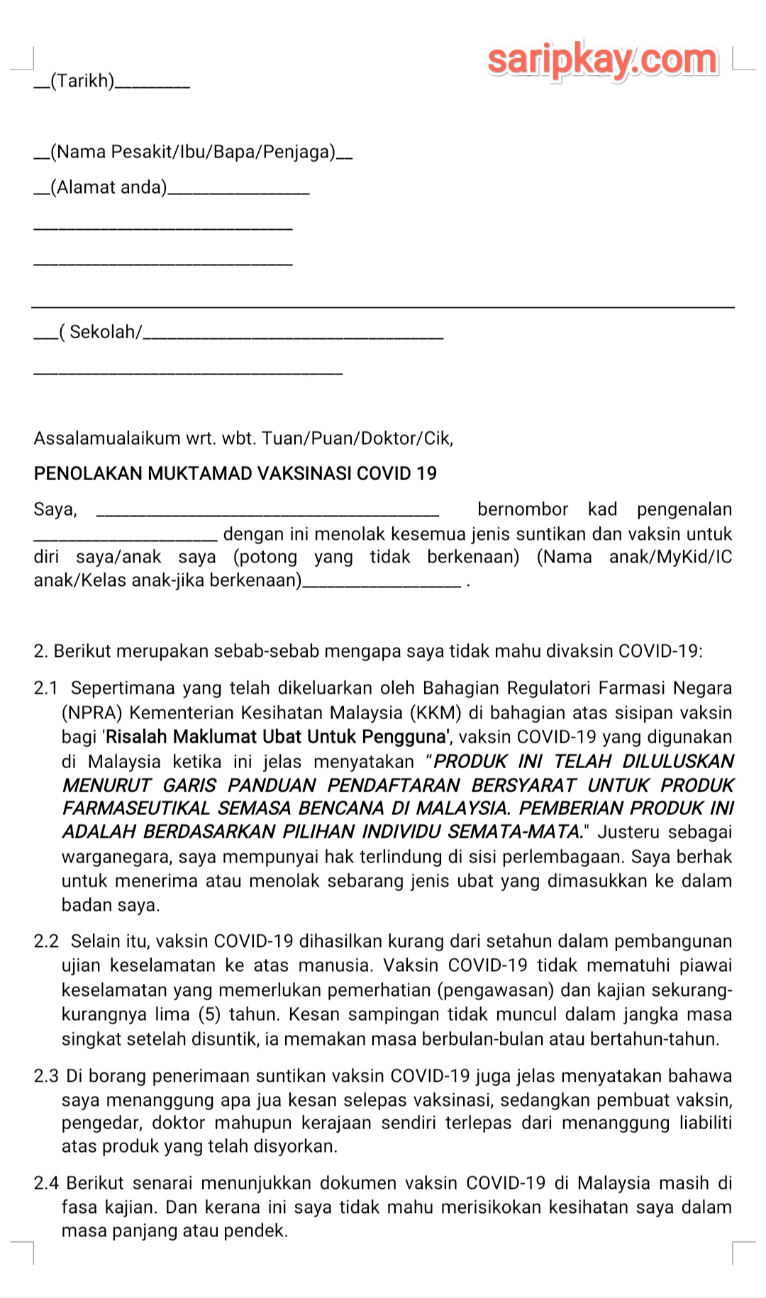 surat penolakkan covid -19