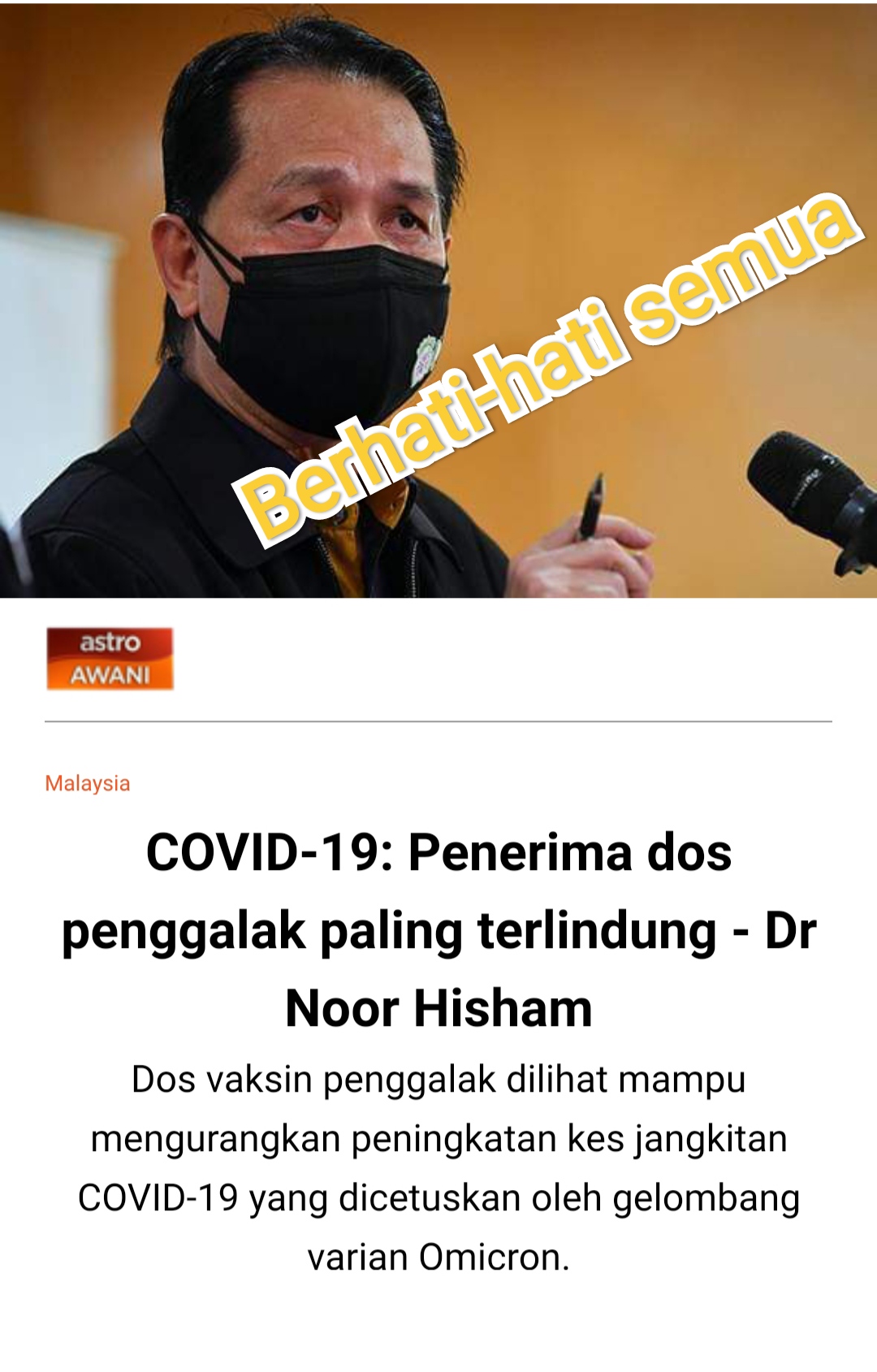 COVID-19: Penerima dos penggalak paling terlindung - Dr Noor Hisham